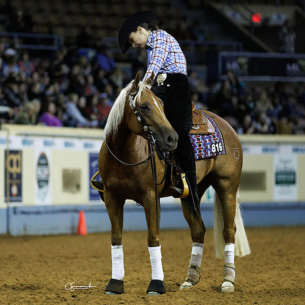 Rider in western attire patting a palomino horse in an indoor arena.